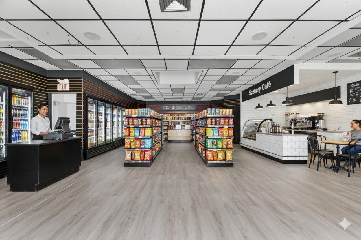A brightly lit convenience store and cafe featuring snack aisles, beverage coolers, and seating areas — 888 E Coast Avenue, Lantana FL 33462, LANTANA, FL