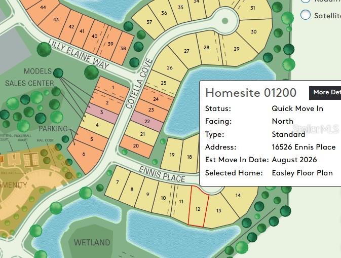 This map shows a residential community layout with numbered homesites, streets, and surrounding water features — 16526 ENNIS PLACE, BRADENTON, FL