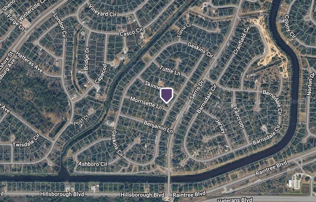 This is an aerial map view of a residential neighborhood with a highlighted property — Lot 9 MORRISETTE LANE, NORTH PORT, FL