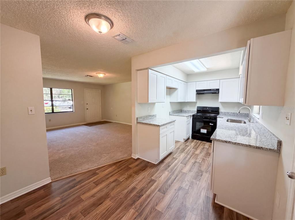A kitchen with white cabinets and granite countertops overlooks a carpeted living room — 2505 VELMA TERRACE, LEESBURG, FL