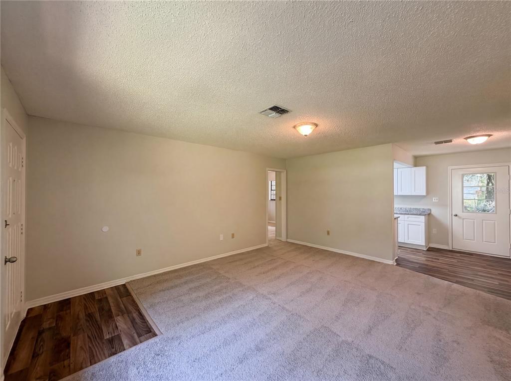 A living room with carpeted flooring, light-colored walls, and an adjacent kitchen area — 2505 VELMA TERRACE, LEESBURG, FL