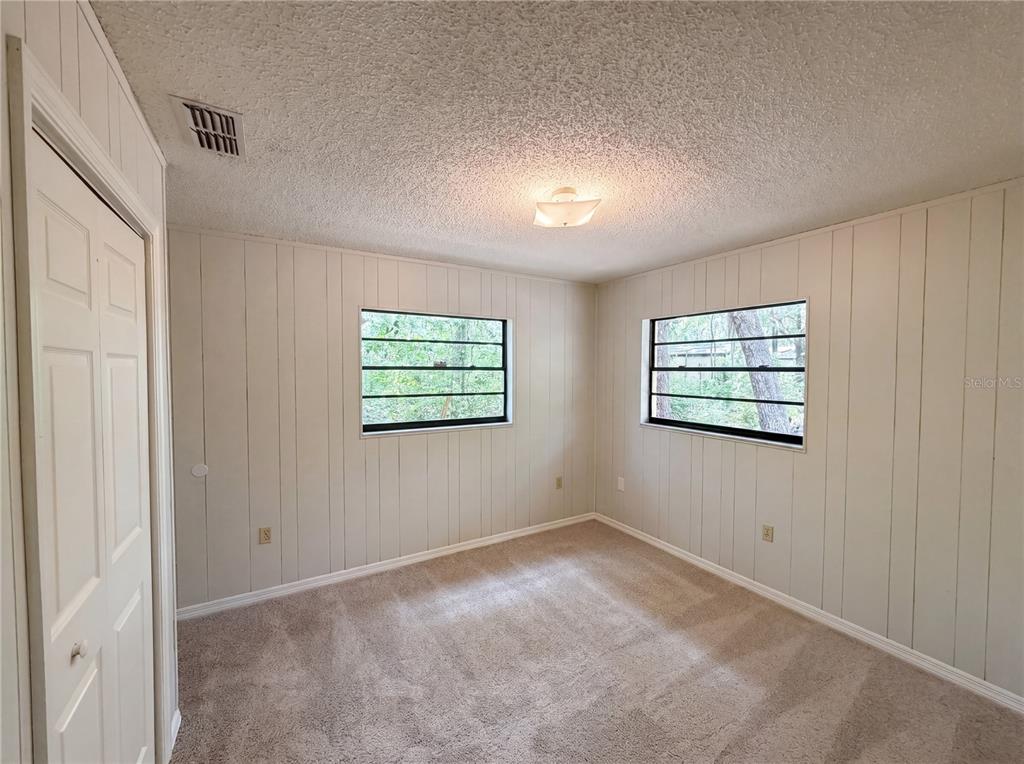 A bedroom with beige wood-paneled walls, carpeted flooring, two windows, and a ceiling light fixture — 2505 VELMA TERRACE, LEESBURG, FL