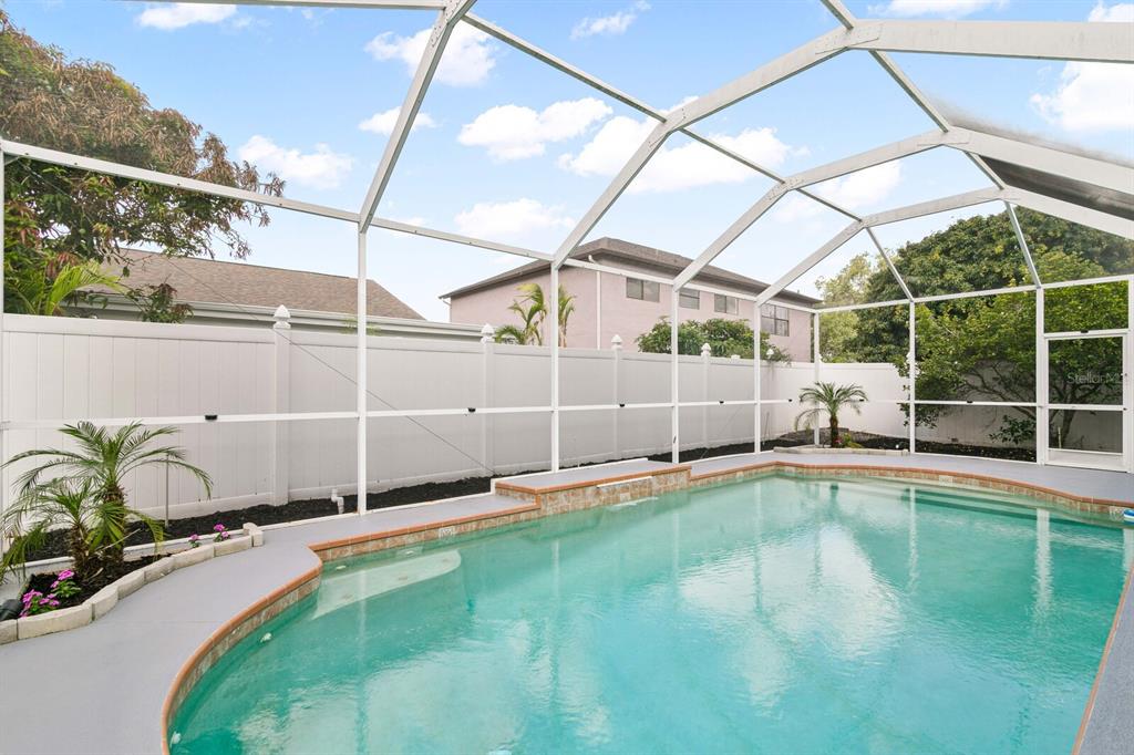 A screened-in swimming pool with a raised tiled edge sits in a fenced backyard — 11426 ZENITH CIRCLE, TAMPA, FL