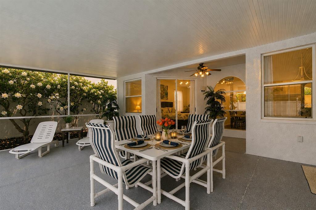 A covered patio features a dining set, lounge chairs, and a view of flowering trees — 11426 ZENITH CIRCLE, TAMPA, FL