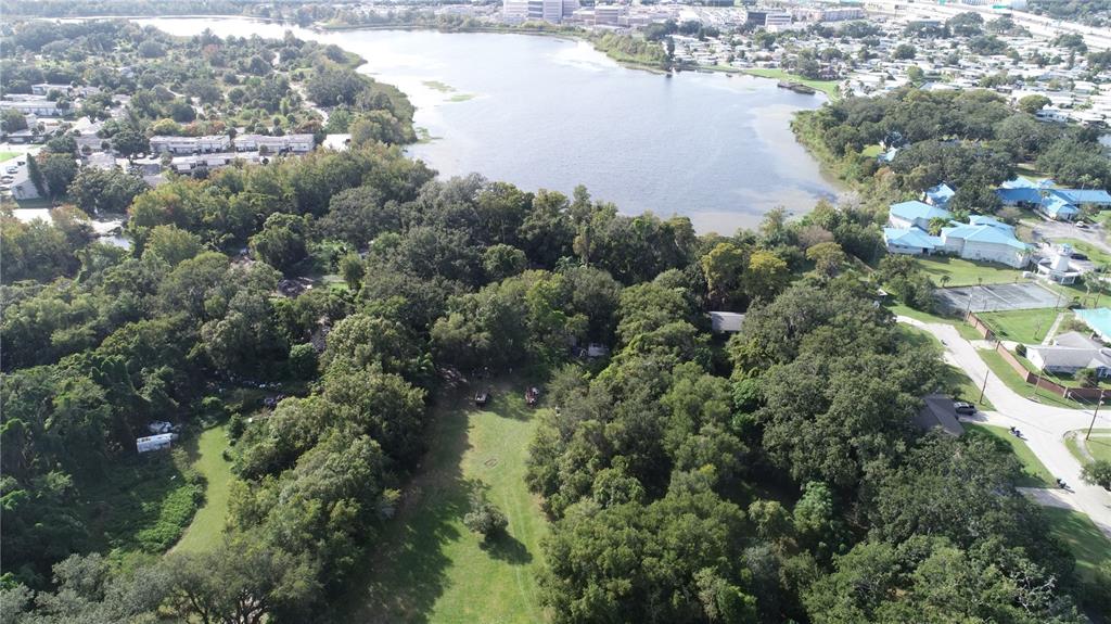 An aerial view shows a grassy clearing surrounded by dense trees near a large lake — 3800 S TAMPA AVENUE, ORLANDO, FL