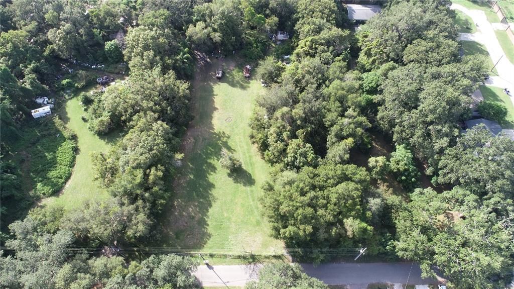An aerial view shows a long, narrow grassy lot surrounded by dense trees and vegetation — 3800 S TAMPA AVENUE, ORLANDO, FL