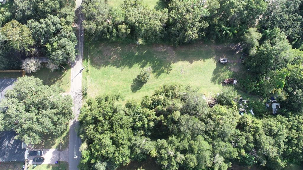 An aerial view shows a rectangular, grassy vacant lot bordered by trees and a road — 3800 S TAMPA AVENUE, ORLANDO, FL