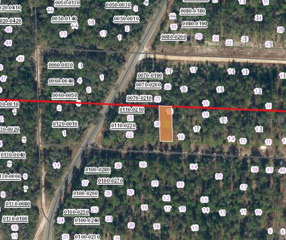 This is a map showing a highlighted rectangular land parcel among surrounding wooded lots — 336 PORTLAND STREET, HAWTHORNE, FL