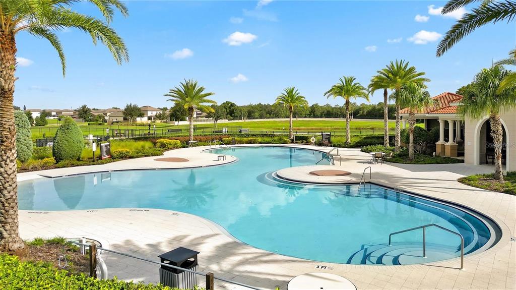 A large, free-form swimming pool with a shallow entry and surrounding patio area — 16630 MOSAIC OAR DRIVE, WIMAUMA, FL