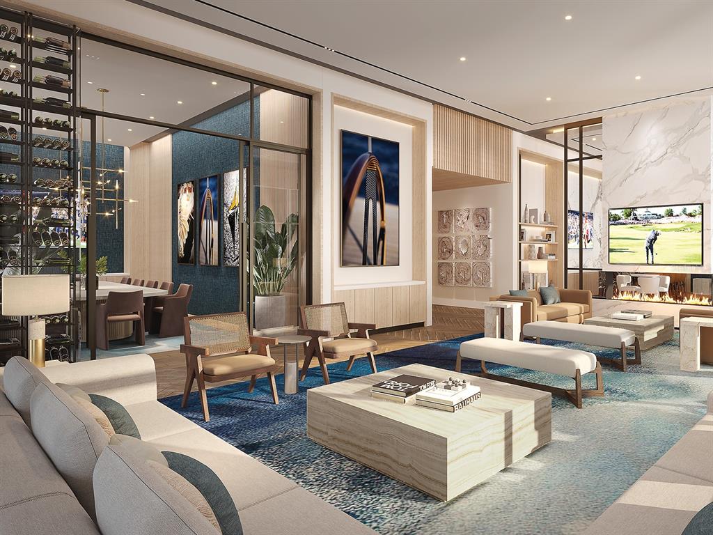 This is a rendering of a modern hotel lobby featuring lounge seating and a snack bar — 1000 BOULEVARD OF THE ARTS UNIT 0604, SARASOTA, FL