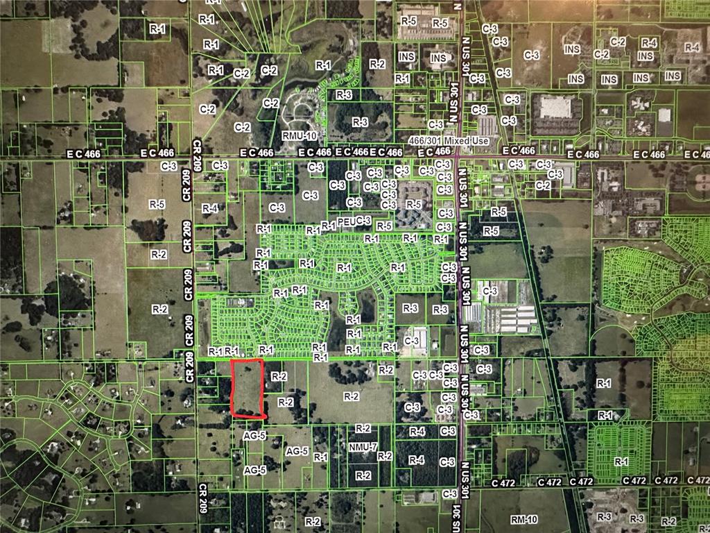 This is a zoning map showing land use designations for a specific area — SUMTER COUNTY ROAD 214, OXFORD, FL