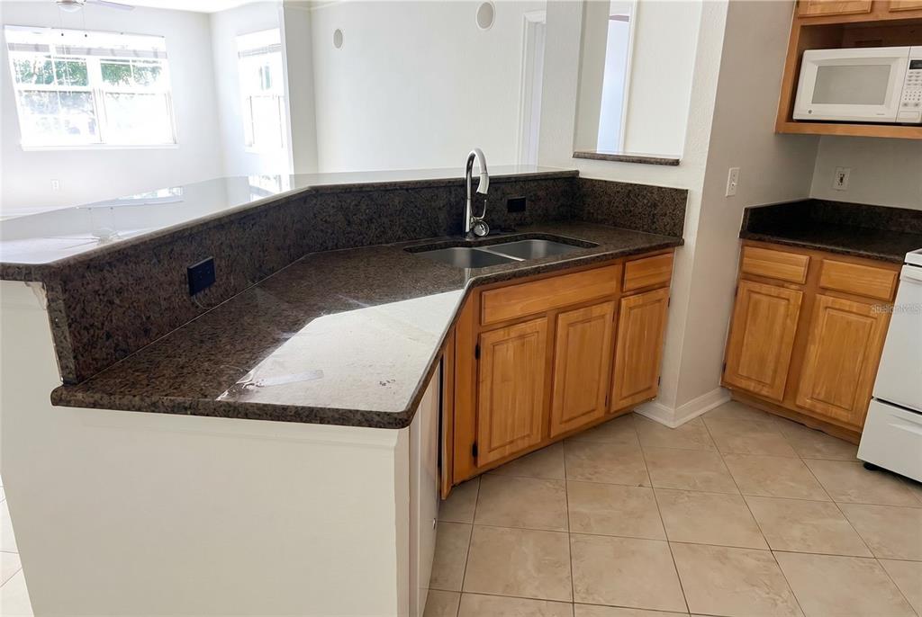 A kitchen features brown granite countertops, light wood cabinets, and a double-basin sink — 3344 CORONA VILLAGE WAY UNIT 205, ORLANDO, FL