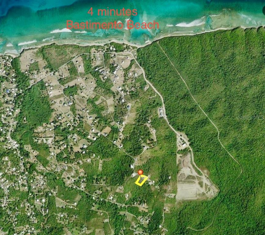 This aerial map shows a highlighted land parcel located near a coastline and forest — 557 VILLA BORINQUEN, VIEQUES, PR