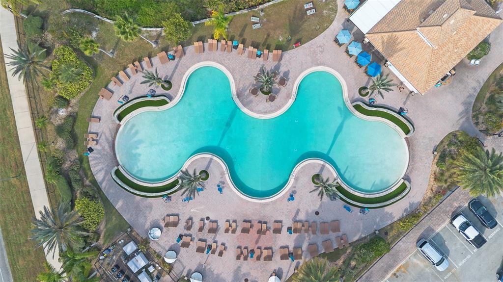 An aerial view shows a large, uniquely shaped swimming pool surrounded by lounge chairs and landscaping — 365 CARYOTA COURT, NEW SMYRNA BEACH, FL