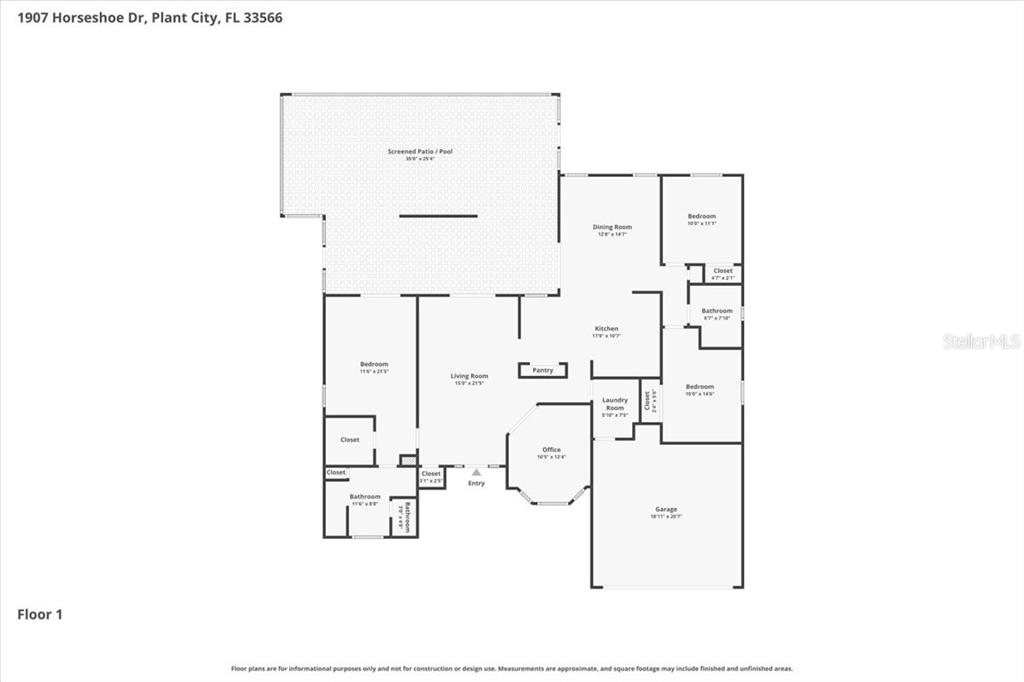 This is a floor plan for a single-story house with a garage and screened patio — 1907 HORSESHOE DRIVE, PLANT CITY, FL