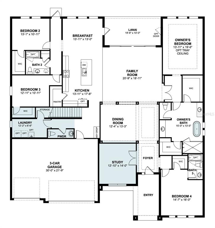 This is a floor plan for a single-story house featuring four bedrooms and a garage — 2544 HAWKS OVERLOOK PLACE, OVIEDO, FL