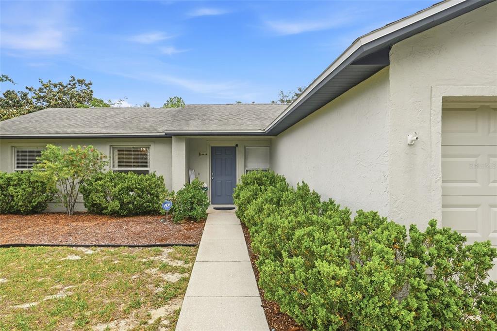 A concrete walkway leads to the blue front door of a single-story house with landscaping — 10618 LAKE RALPH DRIVE, CLERMONT, FL