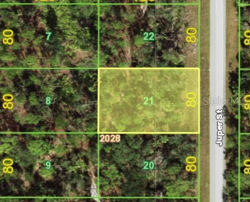 This is a map showing a highlighted rectangular plot of land labeled 21 — 279 JUPER STREET, PORT CHARLOTTE, FL