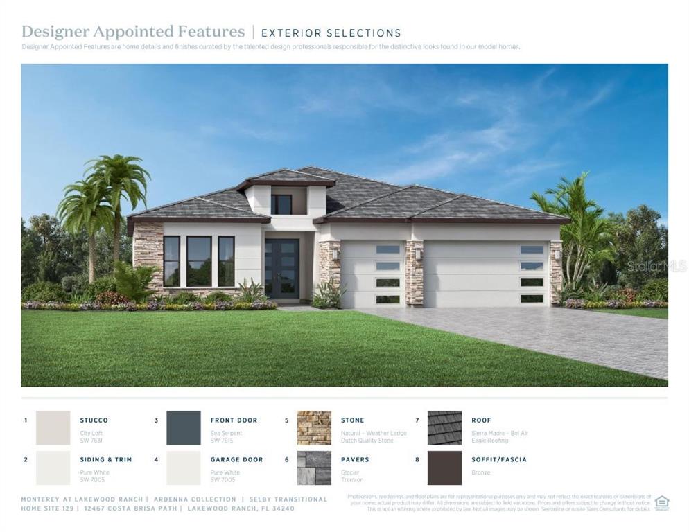 A digital rendering shows the exterior of a single-story house with stone accents and landscaping — 12467 COSTA BRISA PATH, SARASOTA, FL