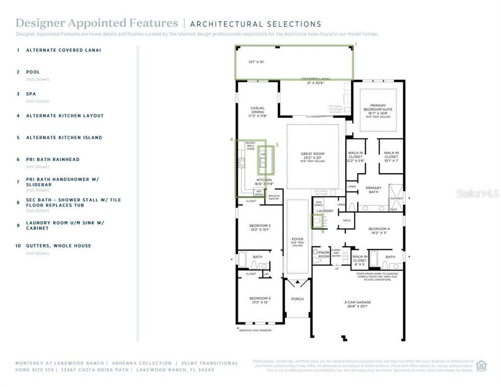 This is a floor plan for a single-story home featuring four bedrooms and a garage — 12467 COSTA BRISA PATH, SARASOTA, FL