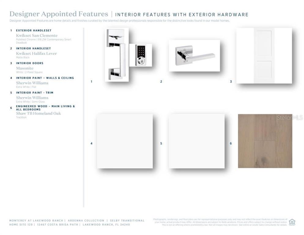 This image is a design board displaying interior finishes, hardware, and flooring options for a home — 12467 COSTA BRISA PATH, SARASOTA, FL