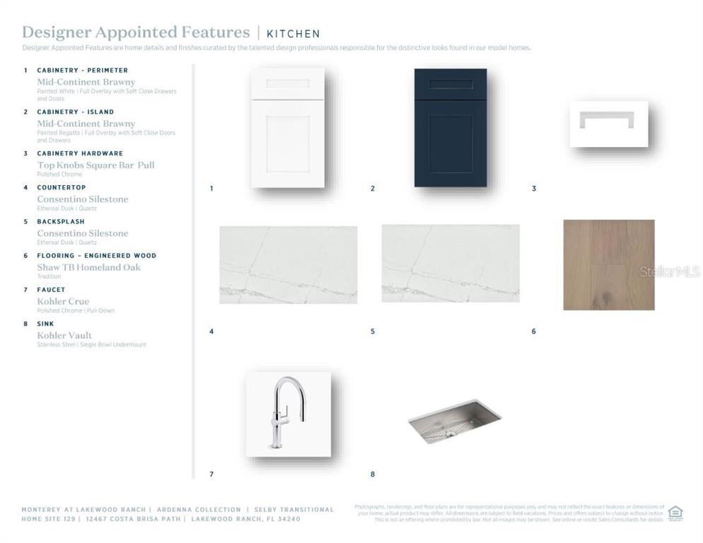 This image is a design board displaying kitchen cabinetry, countertop, backsplash, flooring, faucet, and sink selections — 12467 COSTA BRISA PATH, SARASOTA, FL
