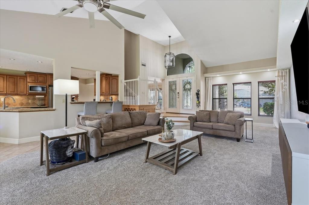 A living room features a vaulted ceiling, gray carpet, a wall-mounted television, and neutral furniture — 16043 PENWOOD DRIVE, TAMPA, FL