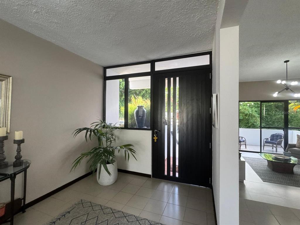 An entryway features a black front door with glass panels, tile flooring, and a potted plant — G24 CARRETERA 834 KM 2.4 BO. HATO NUEVO, GUAYNABO, PR