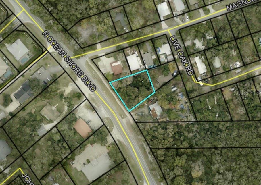This is an aerial map showing a vacant, wooded lot outlined in blue — 5049 N OCEAN SHORE BOULEVARD, PALM COAST, FL