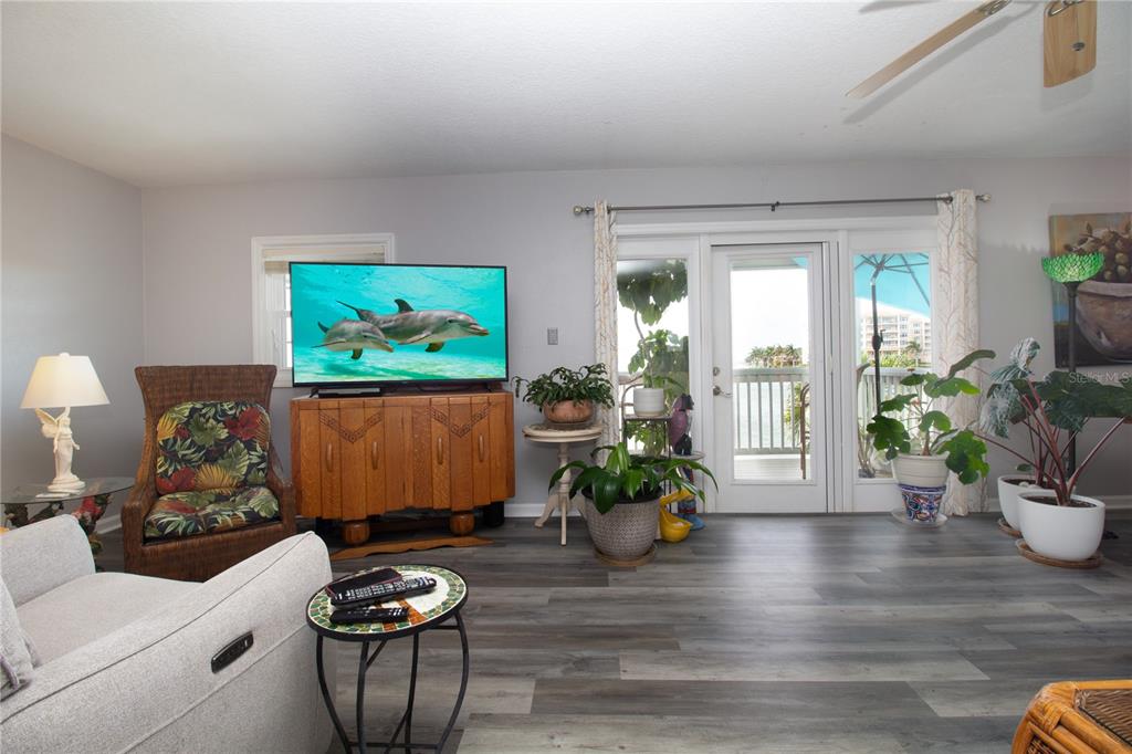 A living room features gray wood-look flooring, a television on a wooden cabinet, and patio doors — 5282 BEACH DRIVE SE APT D, ST PETERSBURG, FL