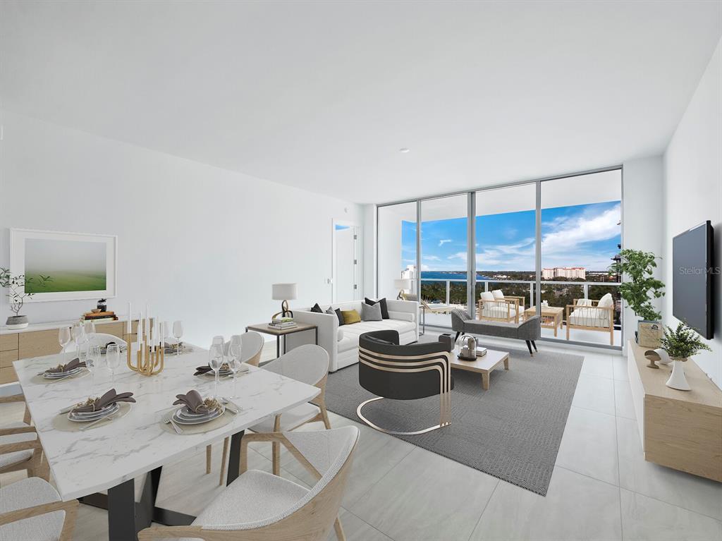 This is a digital rendering of a modern open-concept living and dining area with balcony — 301 QUAY COMMONS UNIT 1003, SARASOTA, FL