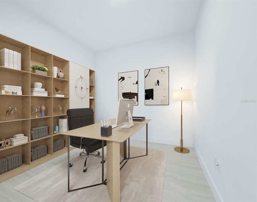 A home office rendering features a wooden desk, a black chair, and built-in shelving — 301 QUAY COMMONS UNIT 1003, SARASOTA, FL