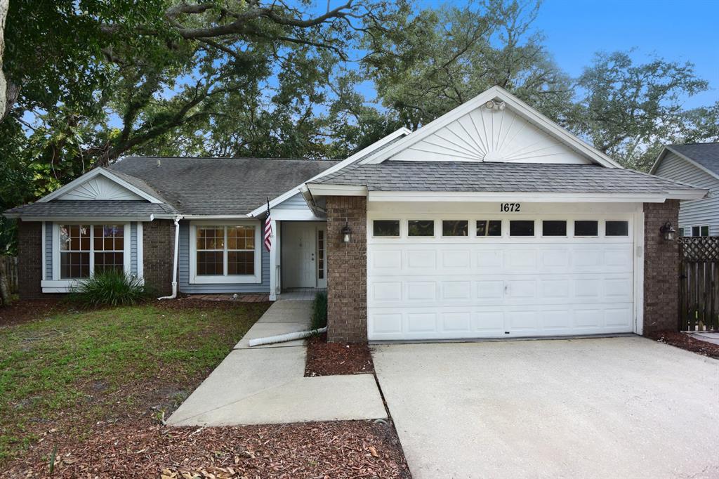 A single-story house with a brick and siding exterior, a two-car garage, and a front walkway — 1672 COUNTRYWOOD STREET, TARPON SPRINGS, FL
