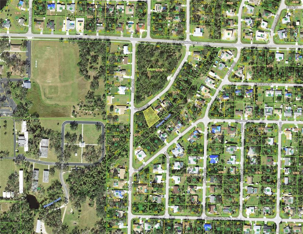 This is an aerial map showing residential lots, streets, and wooded areas — 1342 VERONICA STREET, PORT CHARLOTTE, FL