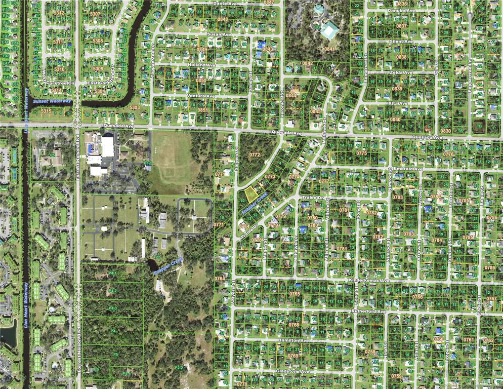 This is an aerial map showing residential streets, waterways, and undeveloped land — 1342 VERONICA STREET, PORT CHARLOTTE, FL