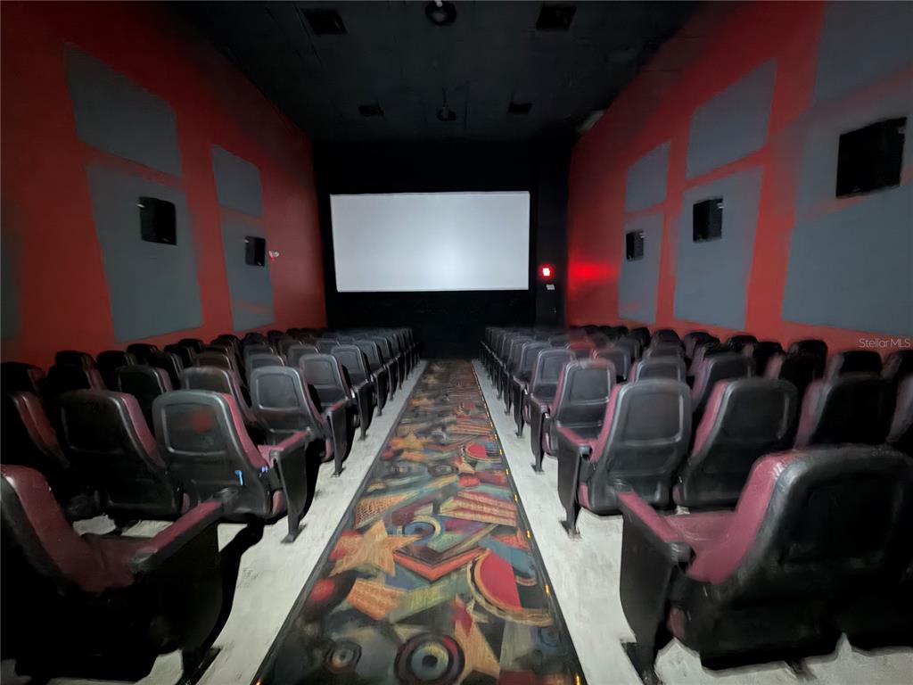 A movie theater room features rows of dark seats flanking a patterned carpeted aisle — 2019 E SILVER SPRINGS BOULEVARD, OCALA, FL