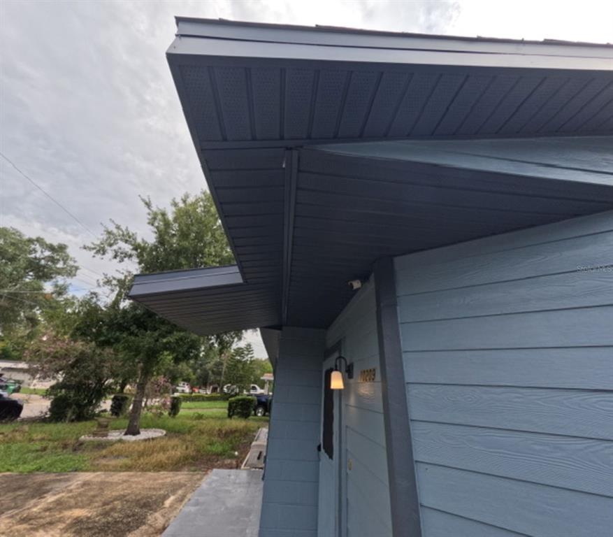 A low-angle view of a blue house exterior featuring a dark soffit and roof overhang — 10209 LOLA STREET, TAMPA, FL