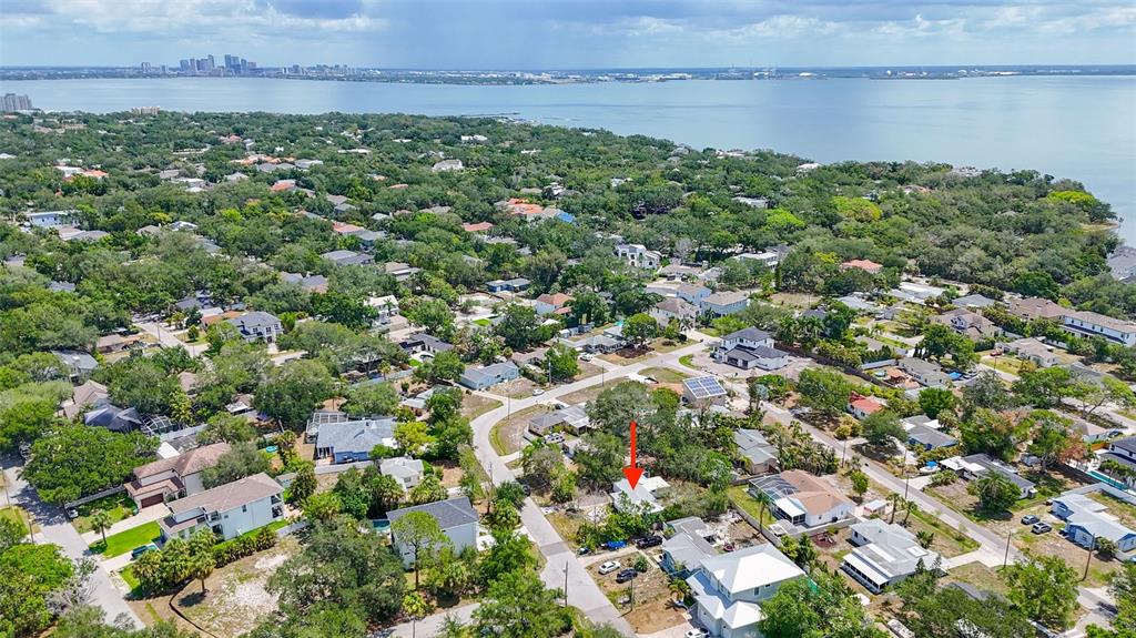 An aerial view shows a residential neighborhood with a red arrow pointing to a house — 6206 S FOSTER AVENUE, TAMPA, FL