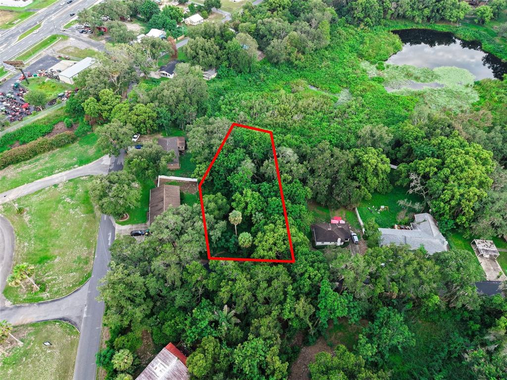 An aerial view shows a wooded, trapezoidal lot outlined in red between two residential properties — E FRUITLAND STREET, FRUITLAND PARK, FL