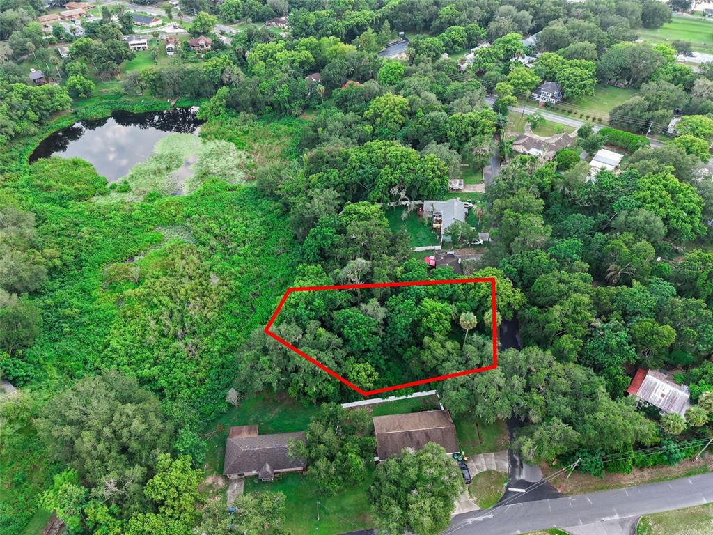 An aerial view shows a wooded residential lot outlined in red near a small pond — E FRUITLAND STREET, FRUITLAND PARK, FL