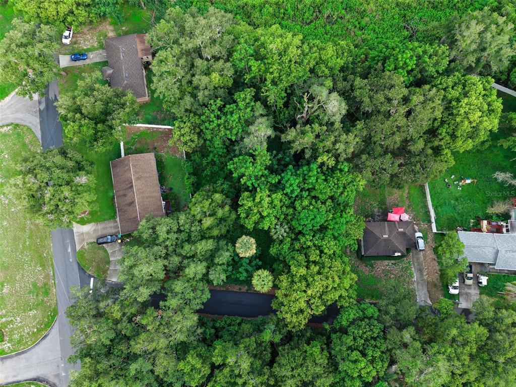An aerial view shows several houses surrounded by dense trees and paved driveways — E FRUITLAND STREET, FRUITLAND PARK, FL