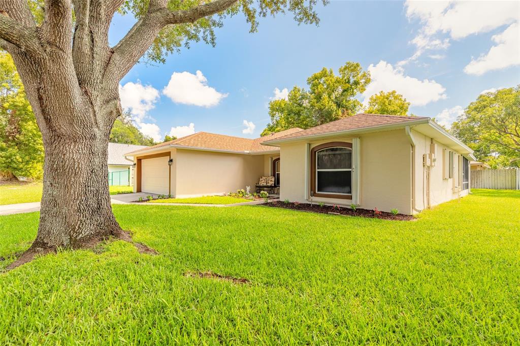 A single-story house with a beige exterior, a two-car garage, and a large front tree — 2919 OAK LEA DRIVE, SOUTH DAYTONA, FL