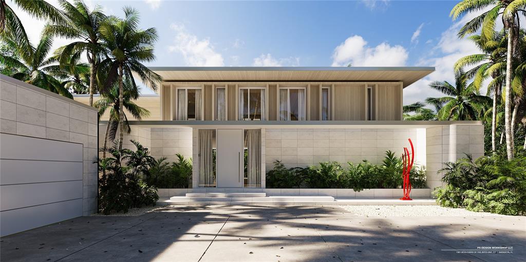 This architectural rendering shows the exterior of a modern two-story home with stone cladding — 4838 HIGEL AVENUE, SARASOTA, FL