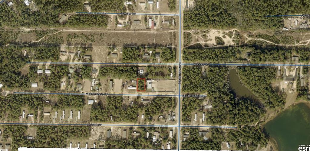 This aerial map shows a rectangular property highlighted in red near a paved intersection — E FERNWOOD COURT, DEFUNIAK SPRINGS, FL