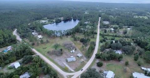An aerial view shows a rural residential area with a lake, scattered houses, and dirt roads — 116 OSCEOLA ROAD, GEORGETOWN, FL