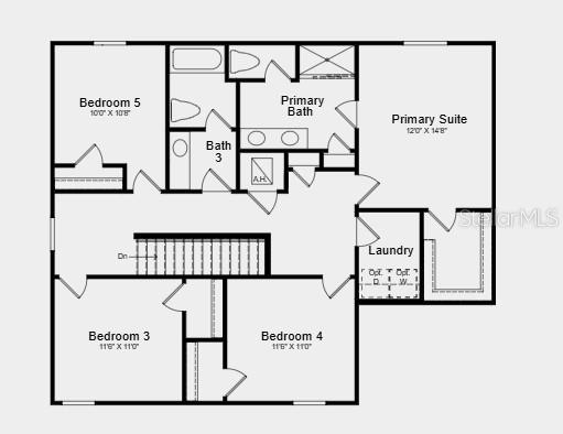 This floor plan shows the upper level of a house with four bedrooms and laundry — 5449 ISLA SAONA DRIVE, KISSIMMEE, FL