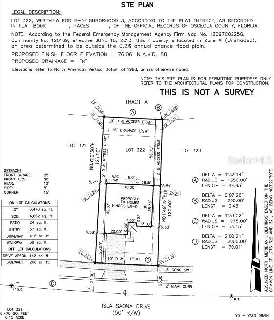 This image is a site plan for a residential lot showing property boundaries and setbacks — 5449 ISLA SAONA DRIVE, KISSIMMEE, FL