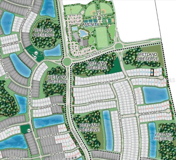 This is a site plan rendering of a residential community featuring homes, wetlands, and amenities — 5449 ISLA SAONA DRIVE, KISSIMMEE, FL