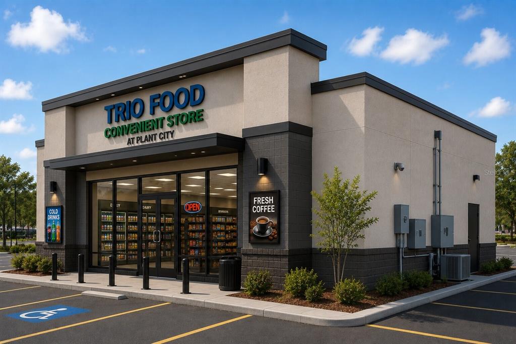 This is a rendering of a modern, single-story convenience store with a parking lot — 1106 S COLLINS STREET, PLANT CITY, FL