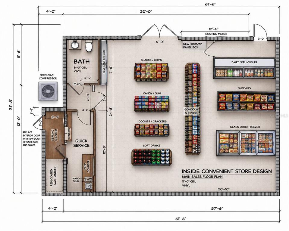 This floor plan shows the layout of a convenience store with retail shelving and equipment — 1106 S COLLINS STREET, PLANT CITY, FL